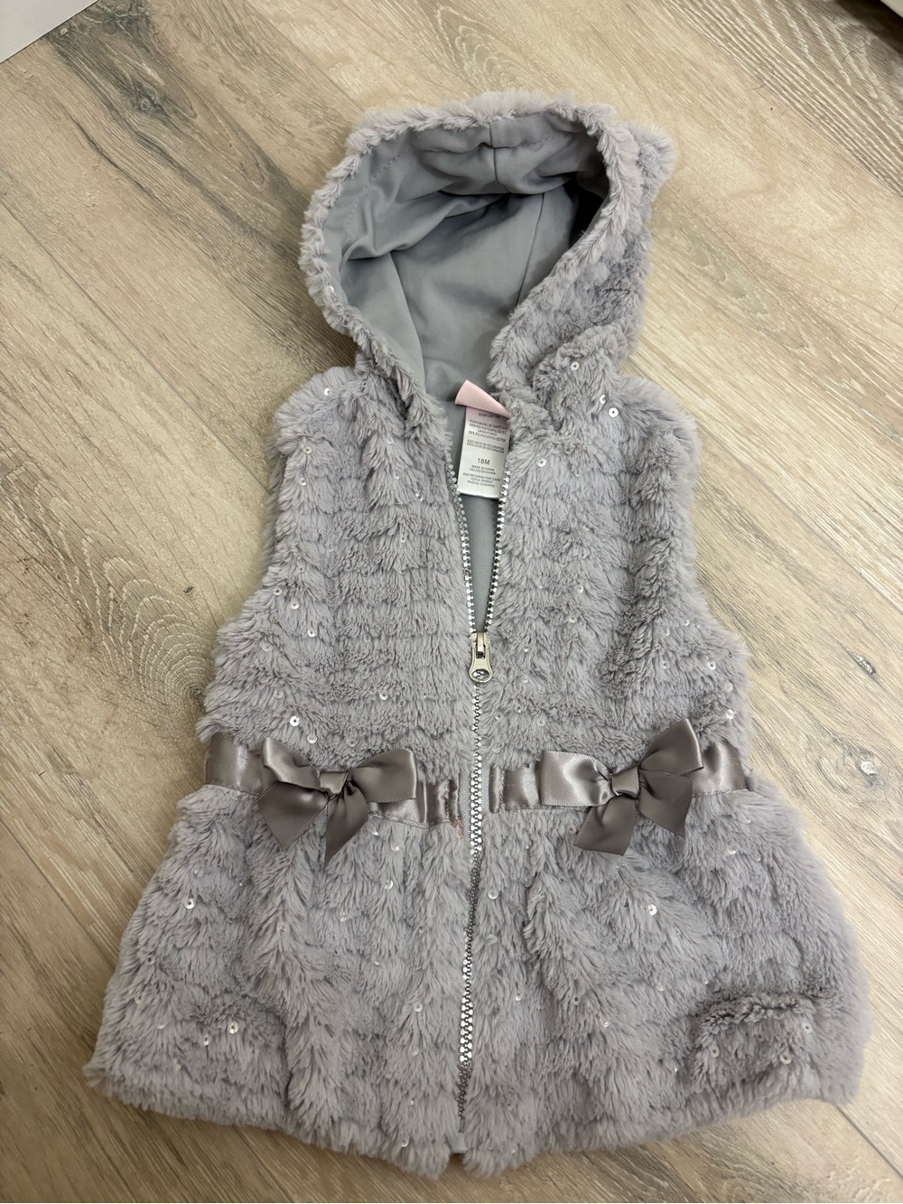 Little Lass Gray Faux Fur Hooded Vest with Satin Bows